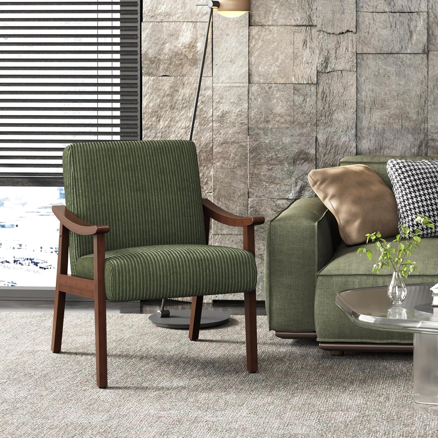 Dark Green Corduroy Armchair Mid Century Solid Wood
