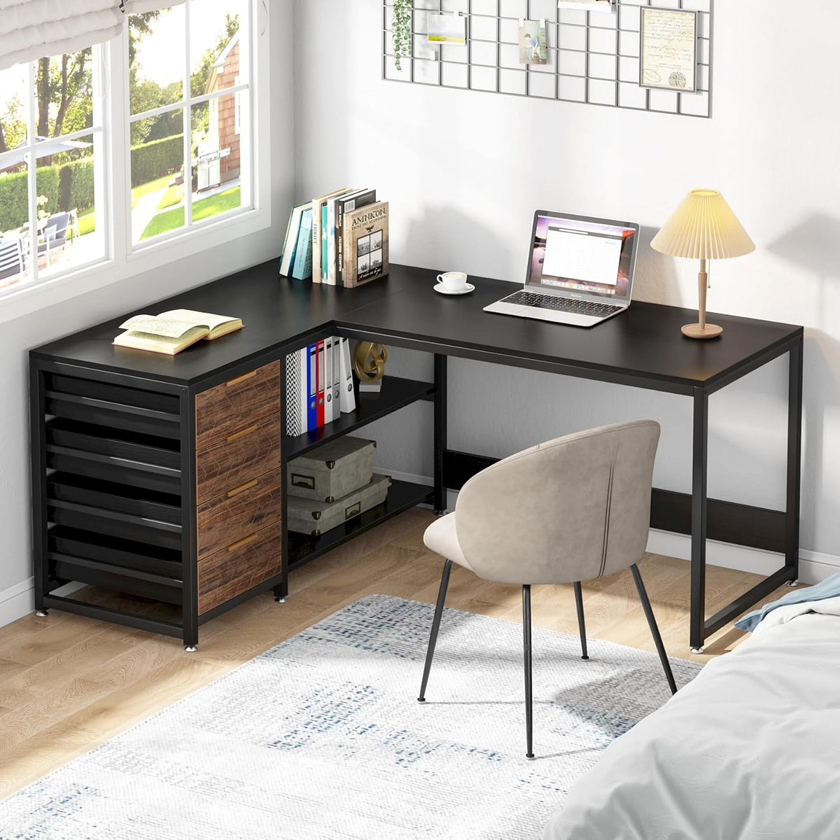 59 Inches L-Shaped Computer Desk with Drawers and Storage Shelves