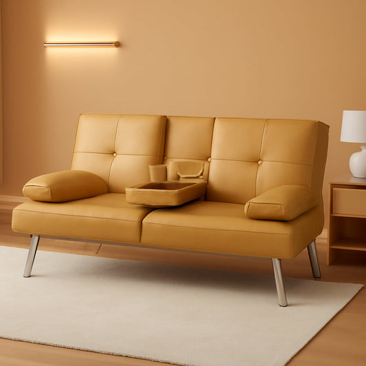 Convertible Futon Sofa Bed in Faux Leather Camel Yellow with Removable Armrests