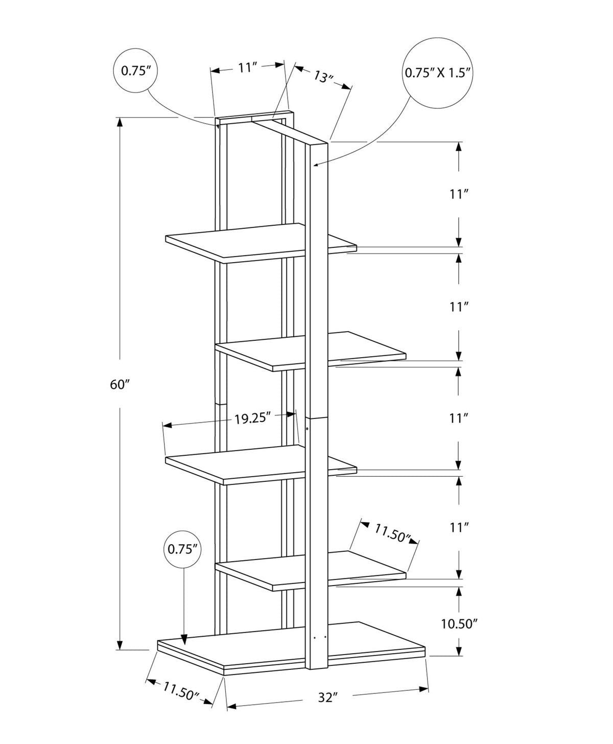 5 Tier Bookshelf Etagere - 60"h