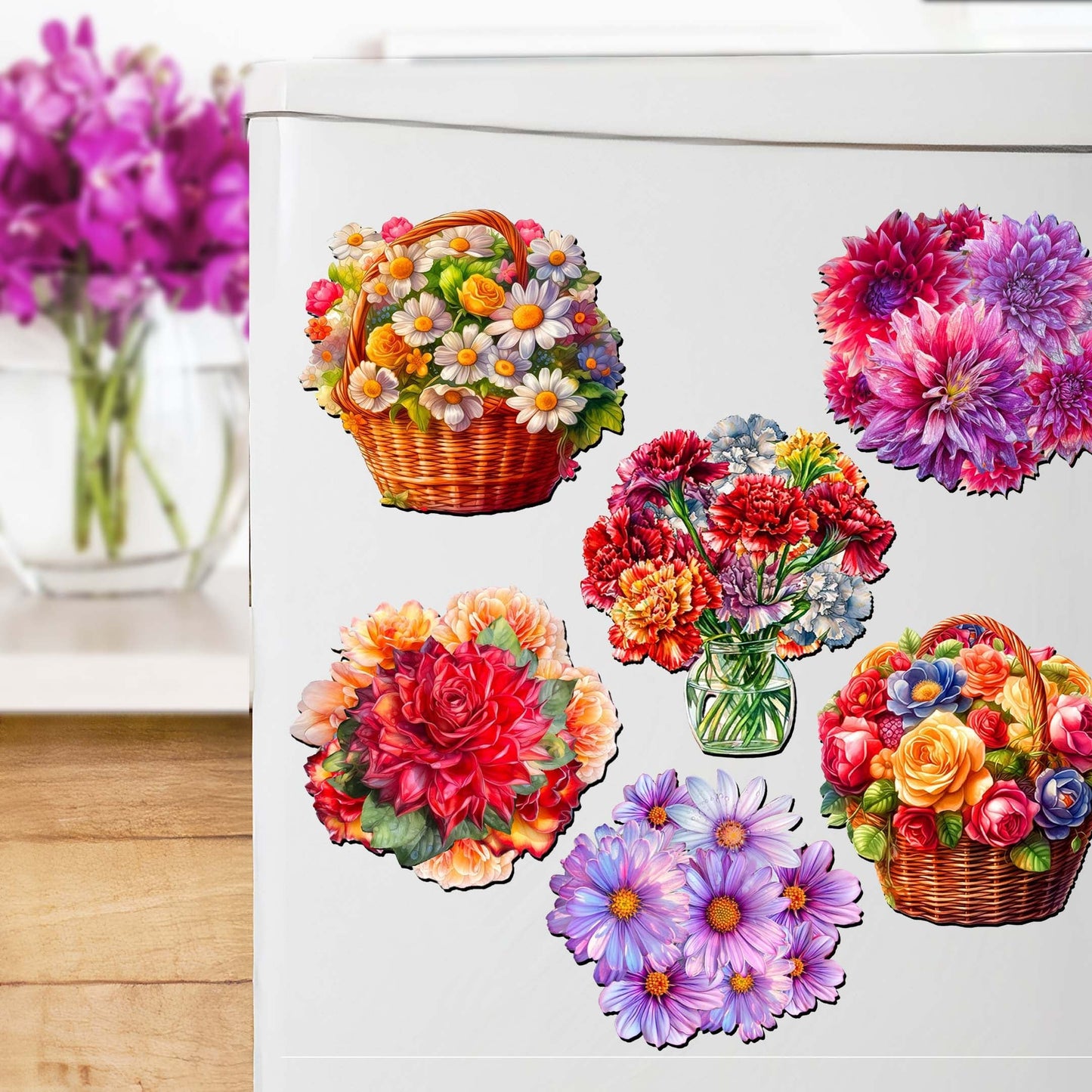 Bouquet of Flowers Decorative Eco Wood Magnets Set of 6 by G. Debrekht - Love Family Decor - 8090076G-S6