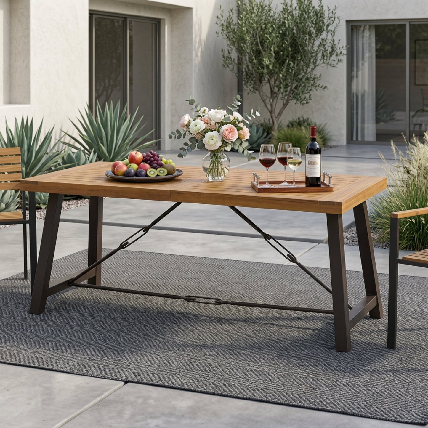 Outdoor Acacia Wood Metal Base Dining Table - Teak