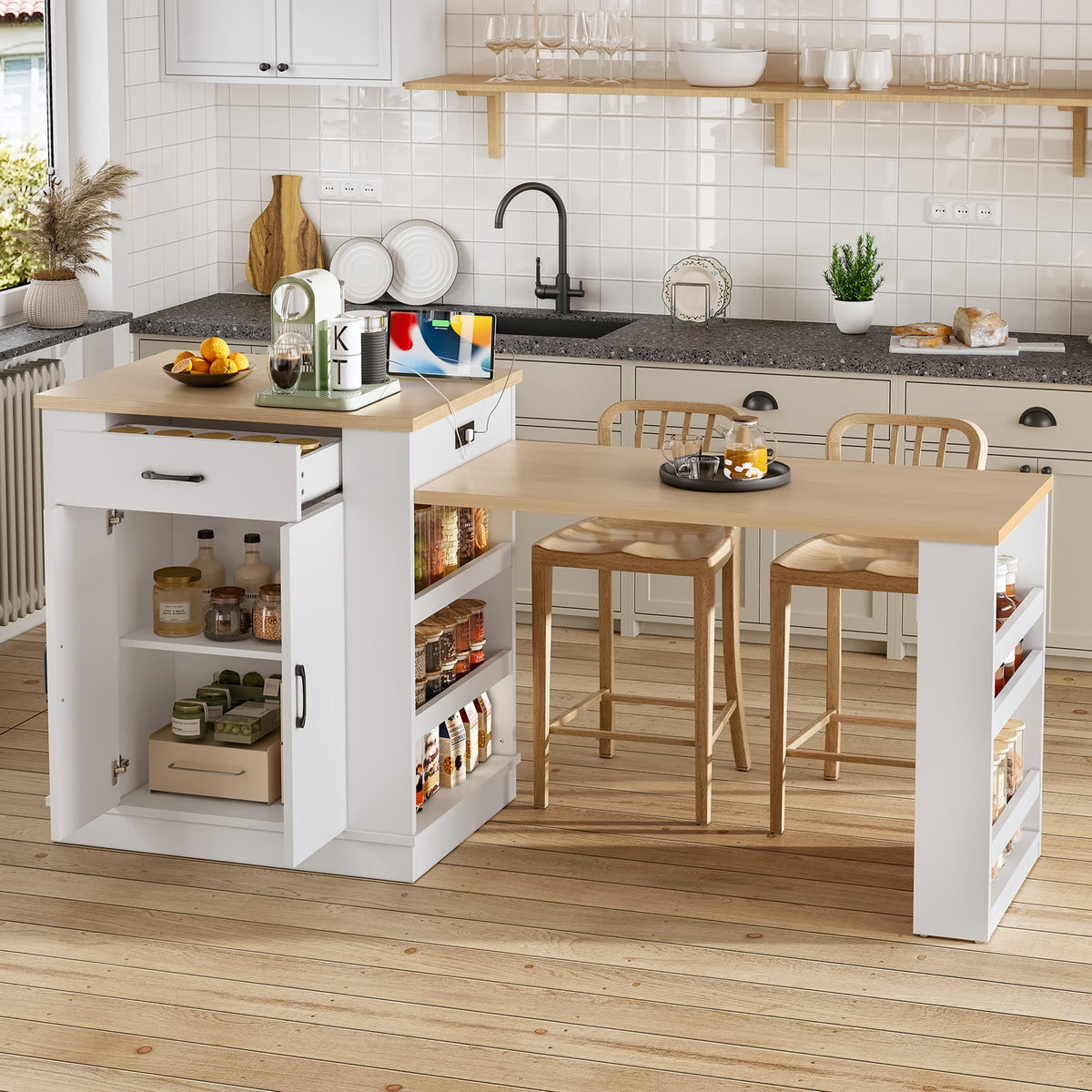 Extendable Island Console with Drawers, Double-Door Cabinet & Open Shelving