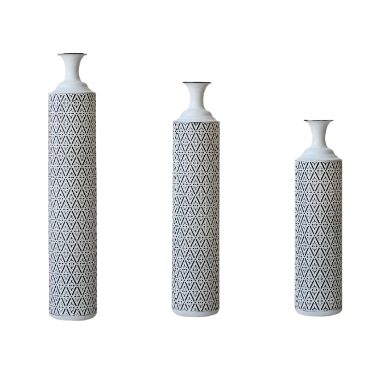 Modern Floor Vase Set – White & Black Metal Vases with Geometric Pattern – 3-Piece Home Decor Set in 24.8 in, 29.13 in & 33.85 in Heights