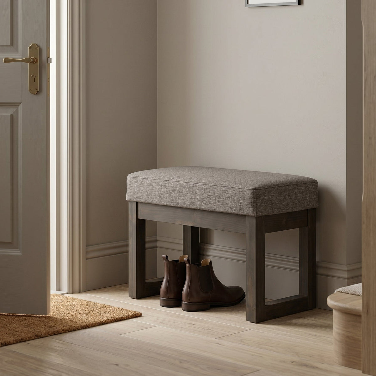 Milltown 27 Inch Wide Solid Wood Footstool Small Ottoman Bench in Platinum