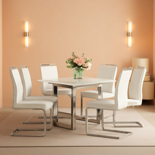 Dining Table Set For Six Seventy One Inch White Marble Top Leather Chairs
