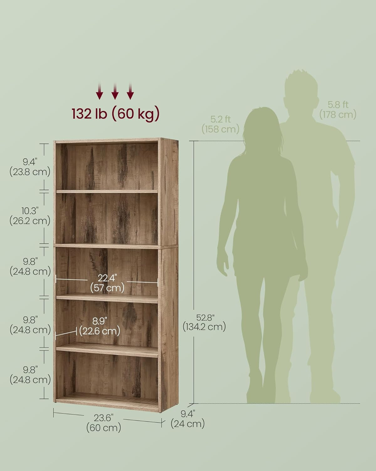 Bookshelf 23.6 Wide 5 Tier Adjustable Bookcase Camel Brown