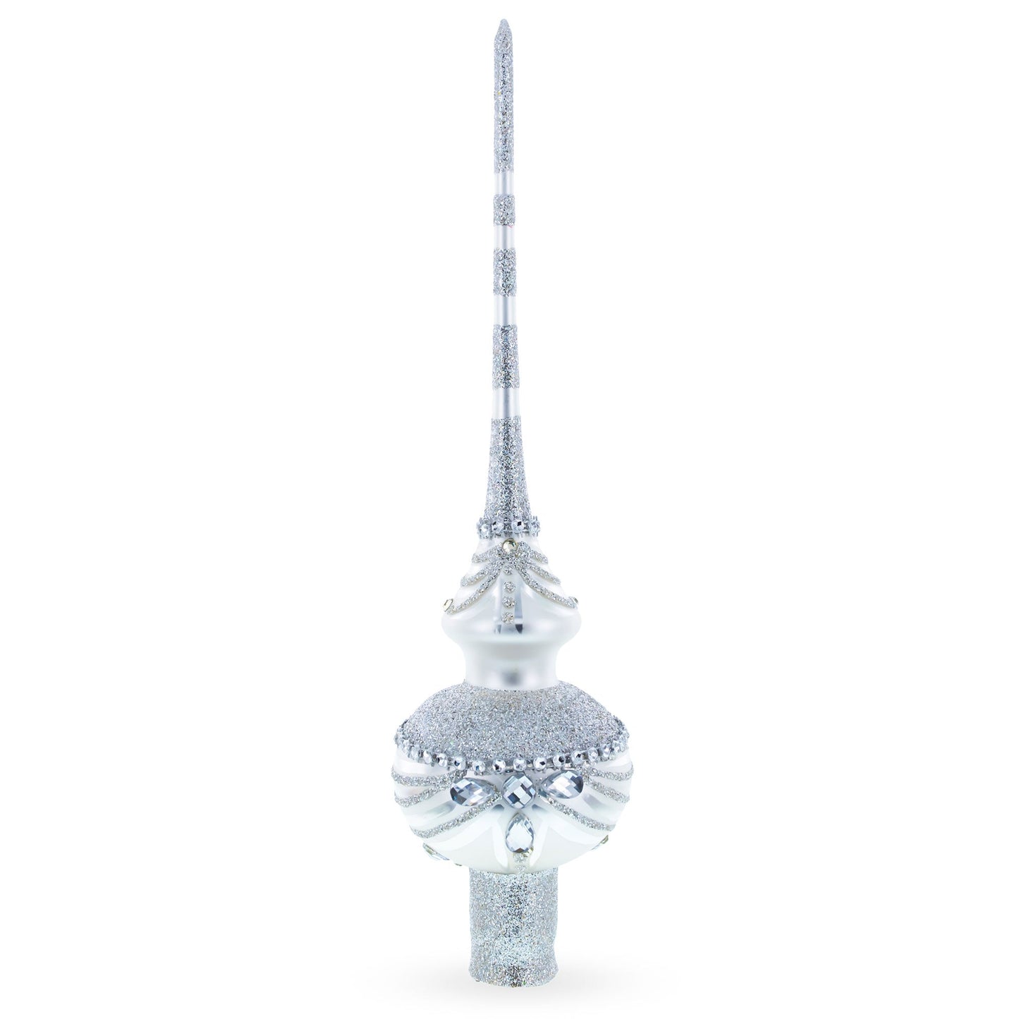 Dimensional White Jewels on White Glass Christmas Tree Topper 11 Inches