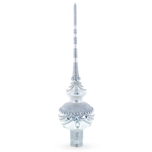 Dimensional White Jewels on White Glass Christmas Tree Topper 11 Inches