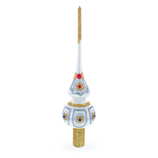 Dimensional Blue and Red Jewels on Silver Glass Christmas Tree Topper 11 Inches