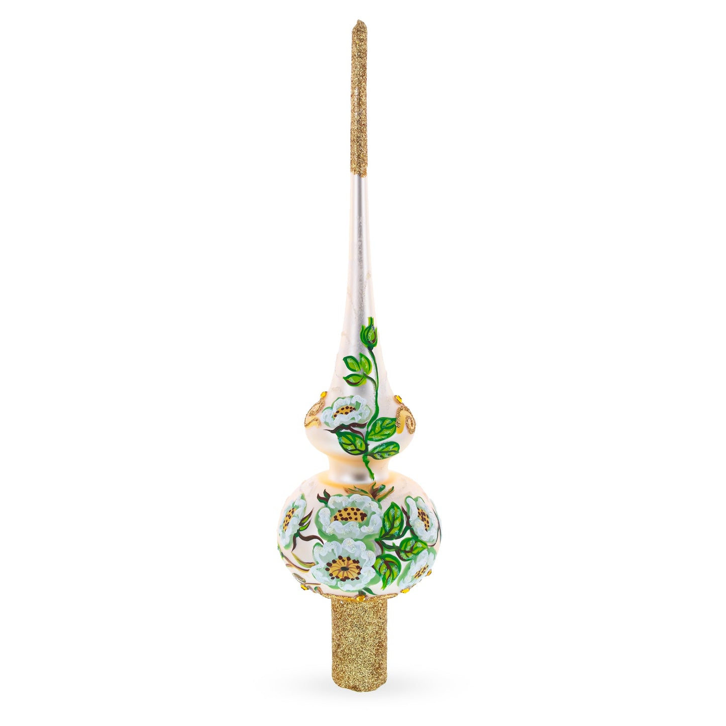 White Flowers Bouquet on Beige Glass Christmas Tree Topper 11 Inches