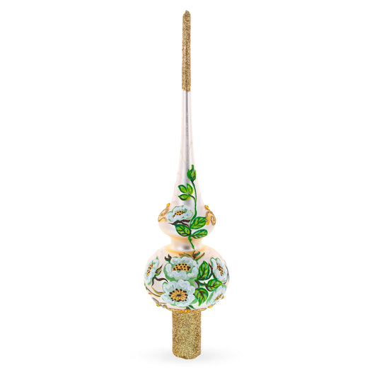 White Flowers Bouquet on Beige Glass Christmas Tree Topper 11 Inches