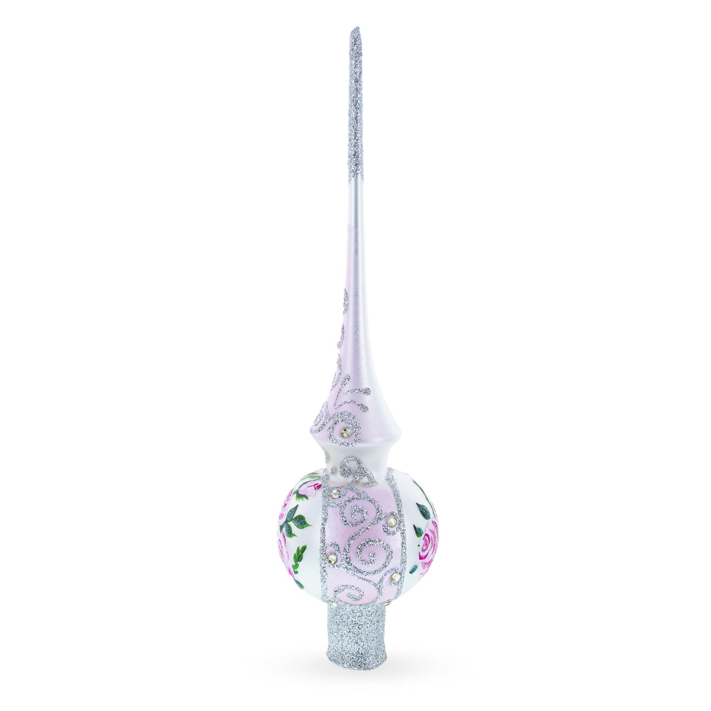 Pink Flowers Bouquet on Silver Glass Christmas Tree Topper 11 Inches