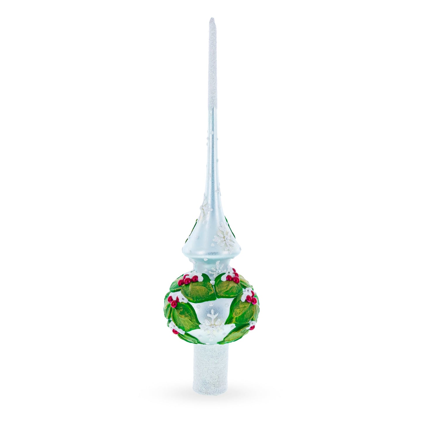 Dimensional Red Berries with Leaves on White Glass Christmas Tree Topper 11 Inches