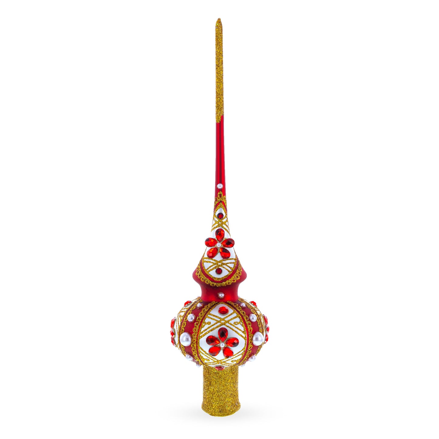 Red Jewels and White Pearls on Red Glass Christmas Tree Topper 11 Inches