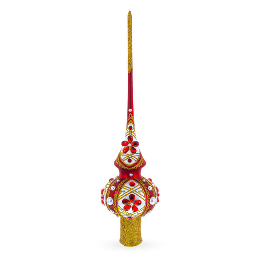 Red Jewels and White Pearls on Red Glass Christmas Tree Topper 11 Inches