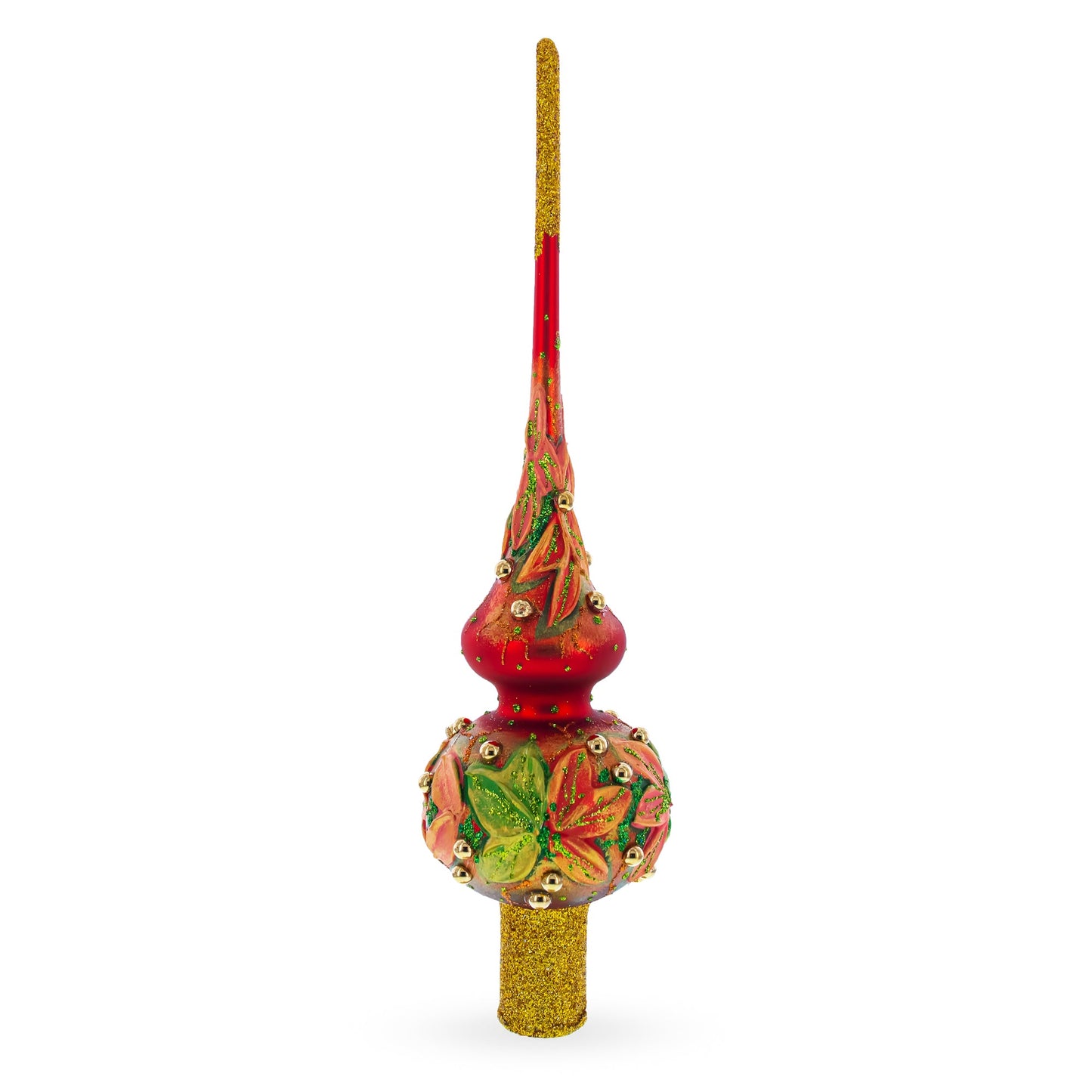 Red and Green Leaves on Red Glass Tree Topper