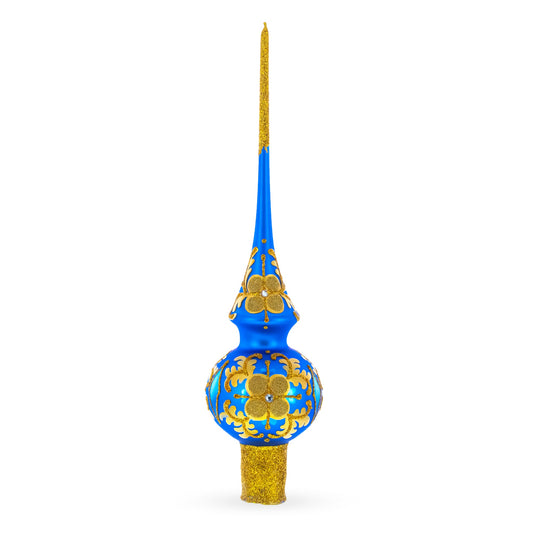 Jeweled Golden Leaves on Blue Glass Christmas Tree Topper 11 Inches