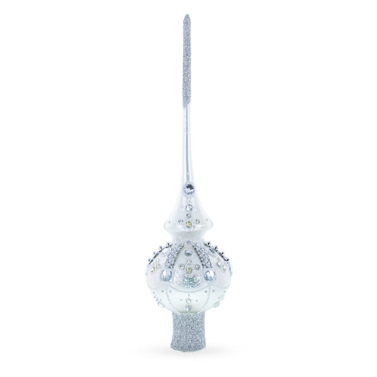 White Jewels on Silver Glass Christmas Tree Topper 11 Inches