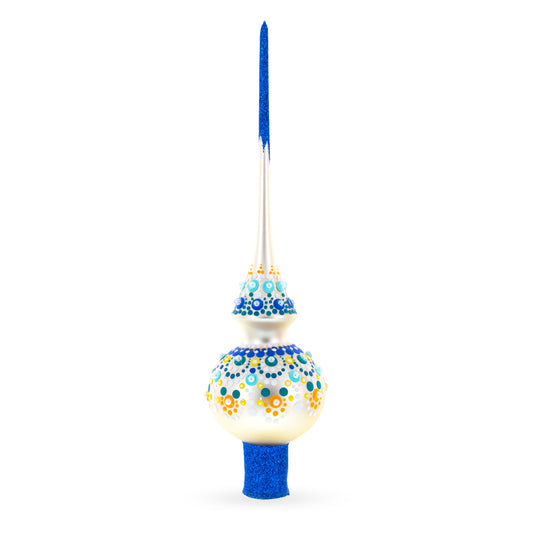 Chic Iridescent Pearl with Blue Embellishments Glass Christmas Tree Topper 11 Inches