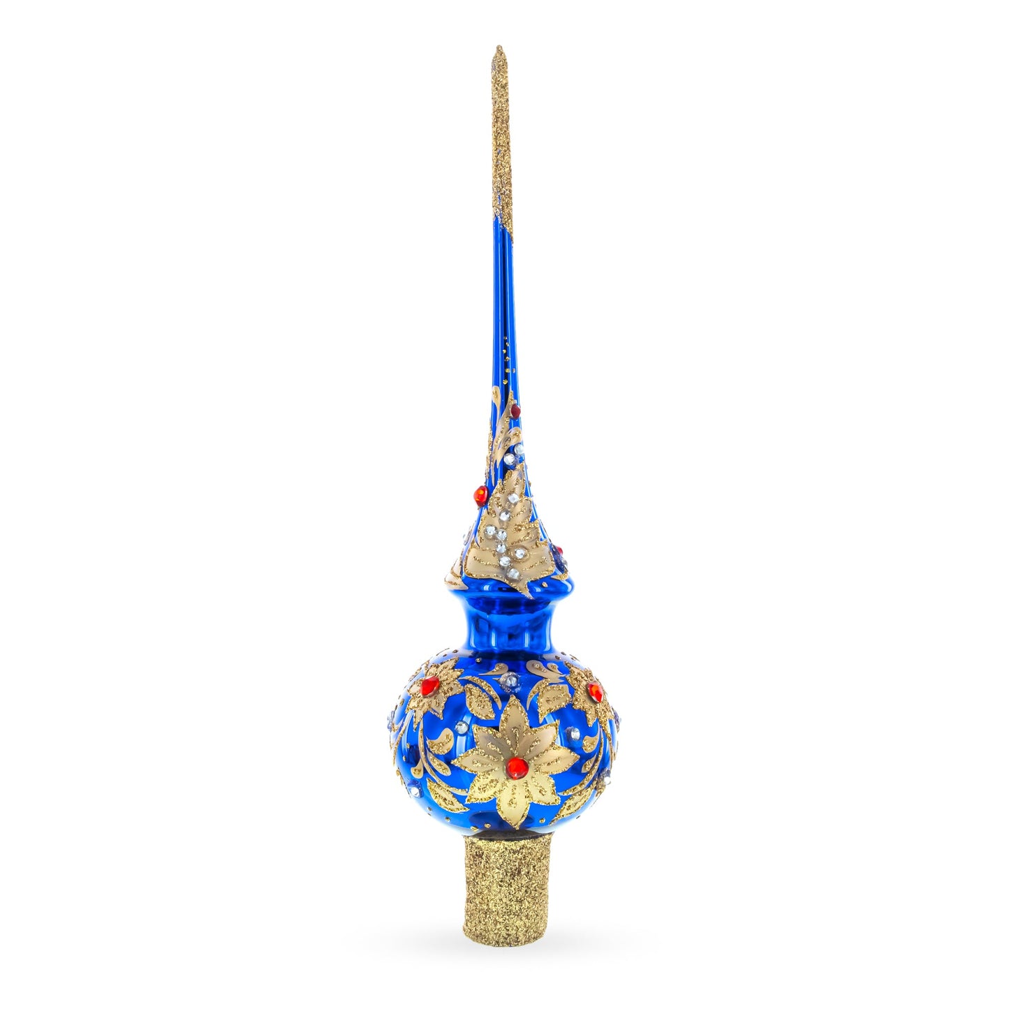 Royal Blue and Gold Floral Majesty Glass Christmas Tree Topper 11 Inches