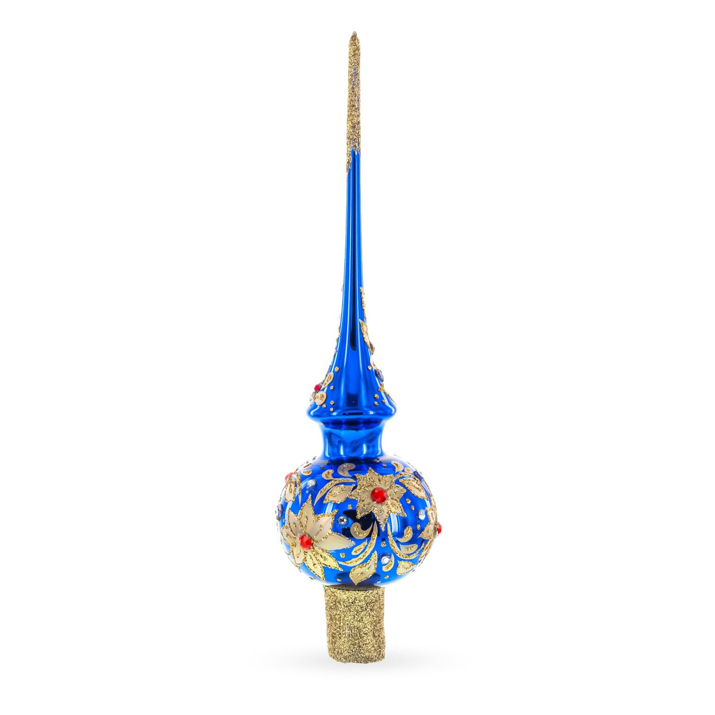 Royal Blue and Gold Floral Majesty Glass Christmas Tree Topper 11 Inches