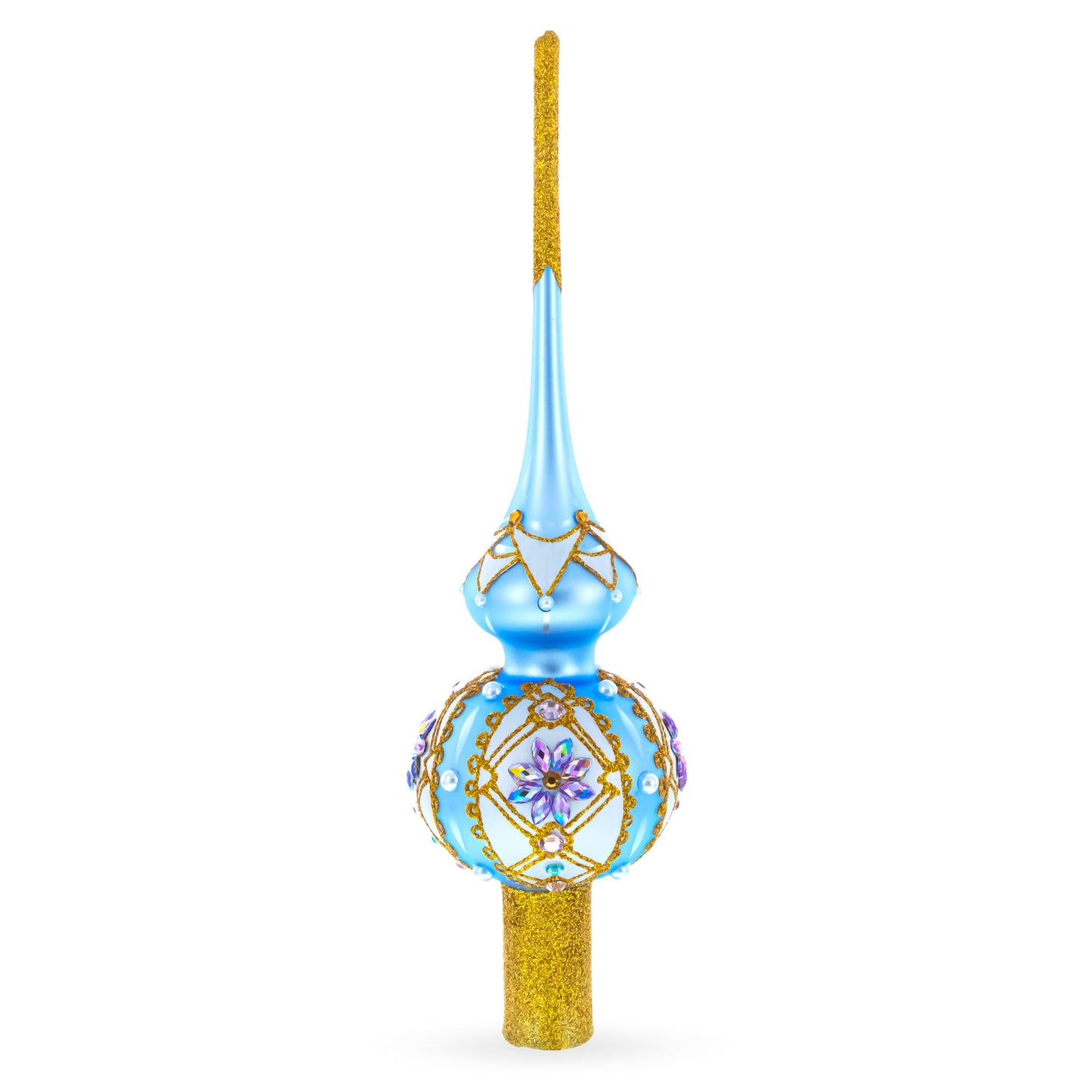 Elegant Blue and Purple Jewel-Encrusted Glass  Tree Topper 11 Inches