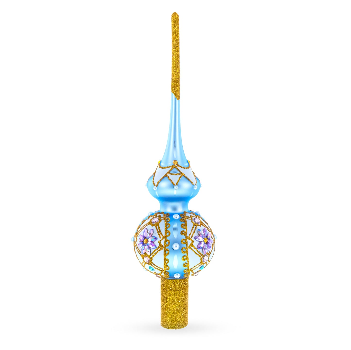 Elegant Blue and Purple Jewel-Encrusted Glass  Tree Topper 11 Inches