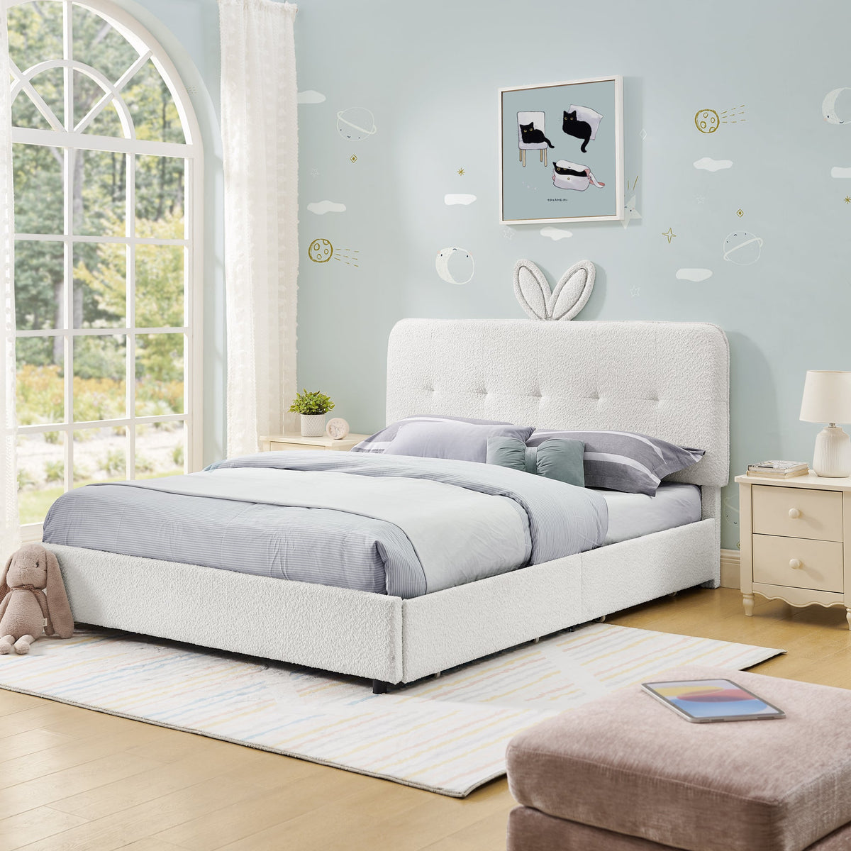 Full Size Kids Upholstered Bed with Oversized Rabbit Ear Headboard