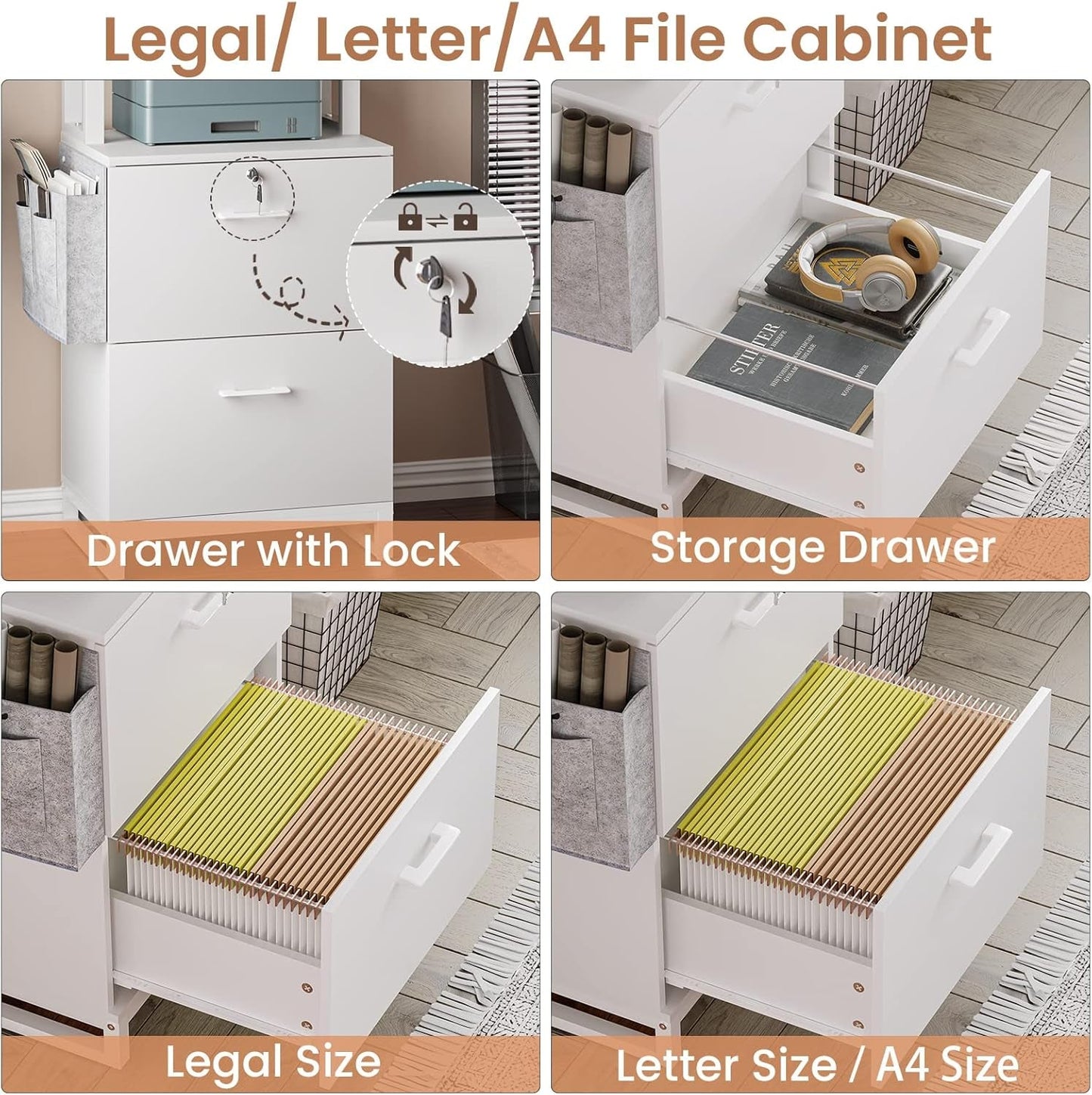 2 Drawer File Cabinet With Lock For Letter Legal A4 Folders White With Storage Bag Open Shelf And Hook