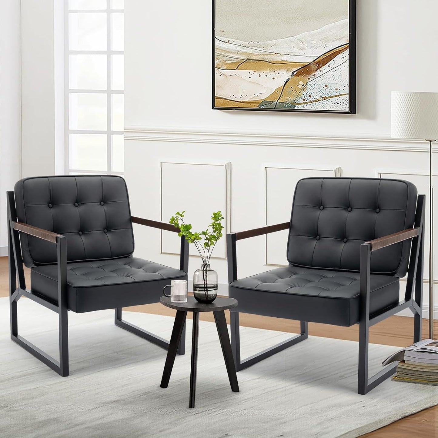 Mid Century Classic Black Leather Upholstered Accent Chair