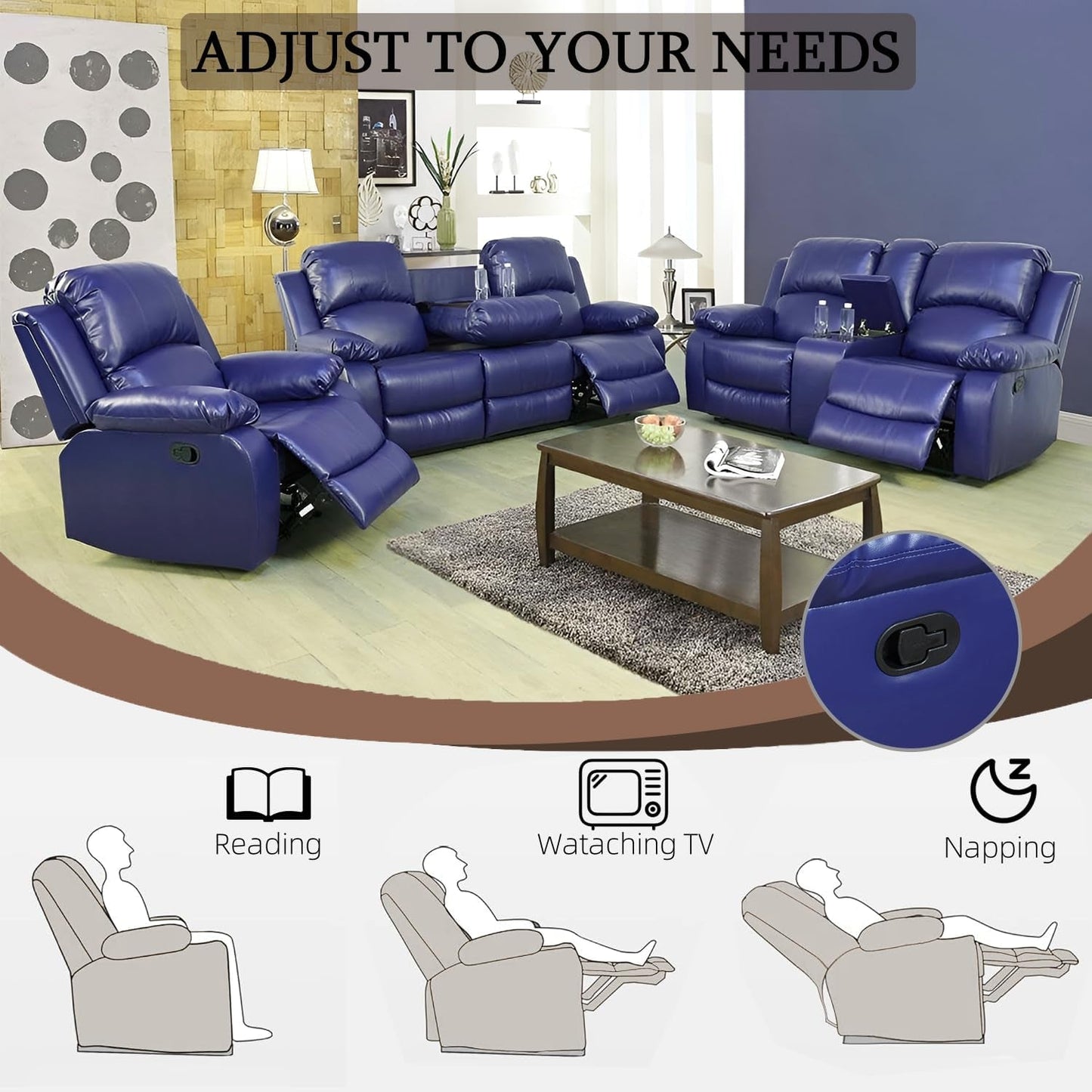 Dark Blue Leather Recliner Sofa Set For Living Room 3 Piece