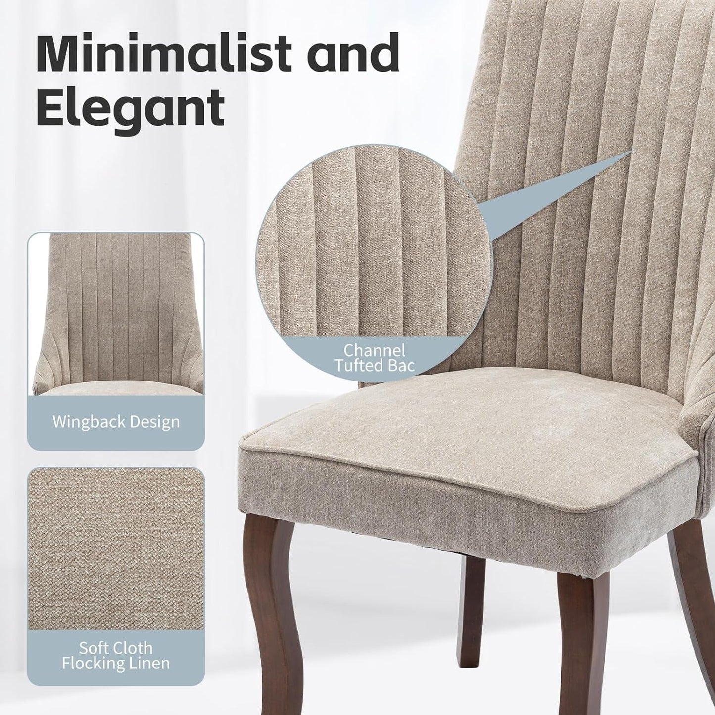 Beige Upholstered Dining Chairs 2 Pack Curved Wood Legs