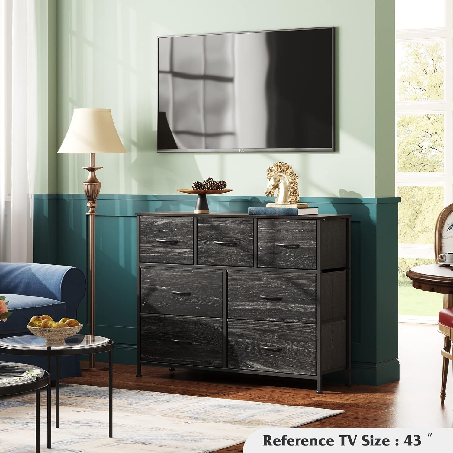 TV Stand For 45 Inch TV With Durable Fabric Drawers in living room setting with television and stylish decor.