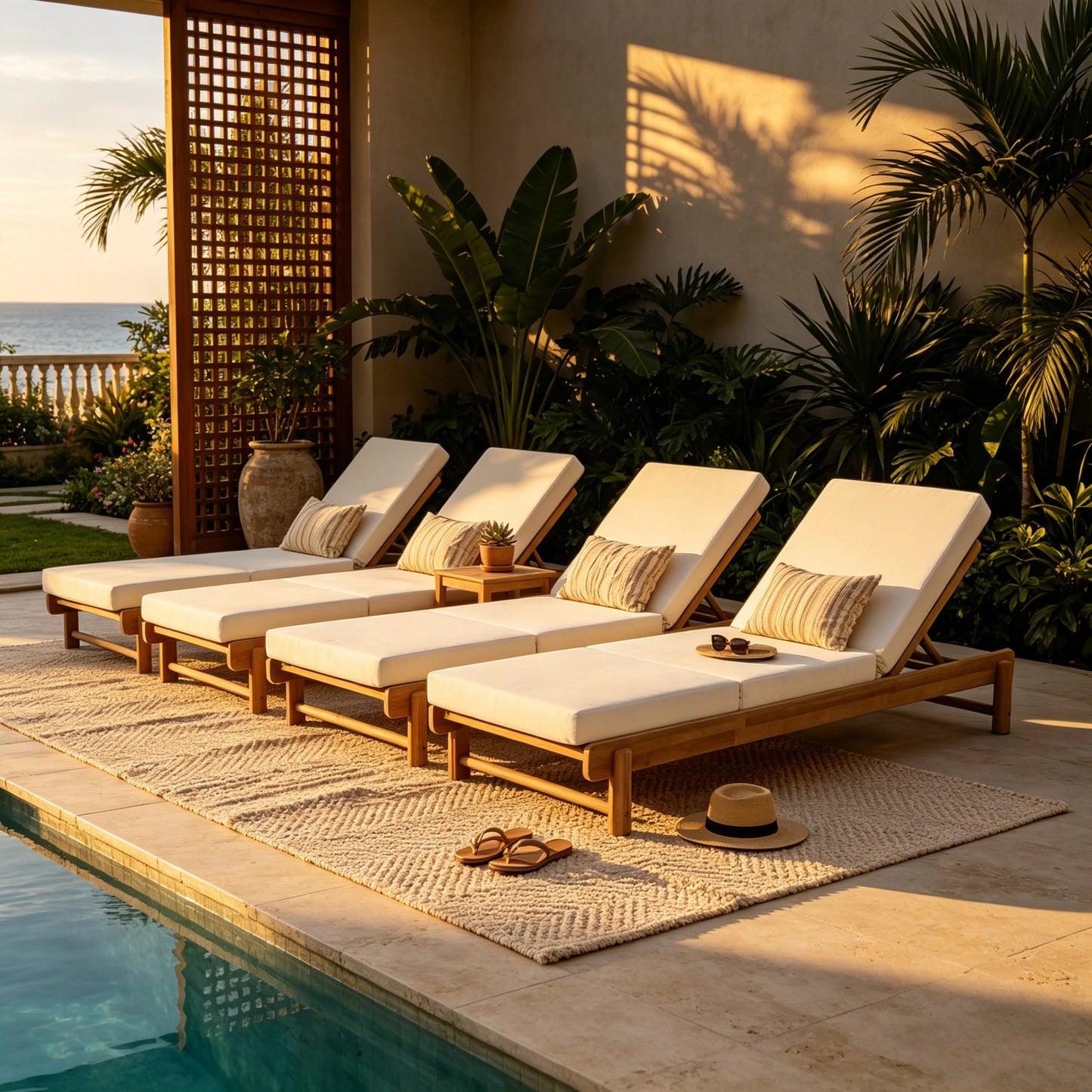 Light Teak Acacia Wood Chaise Lounge Set: 1 Frame + 1 3-Fold