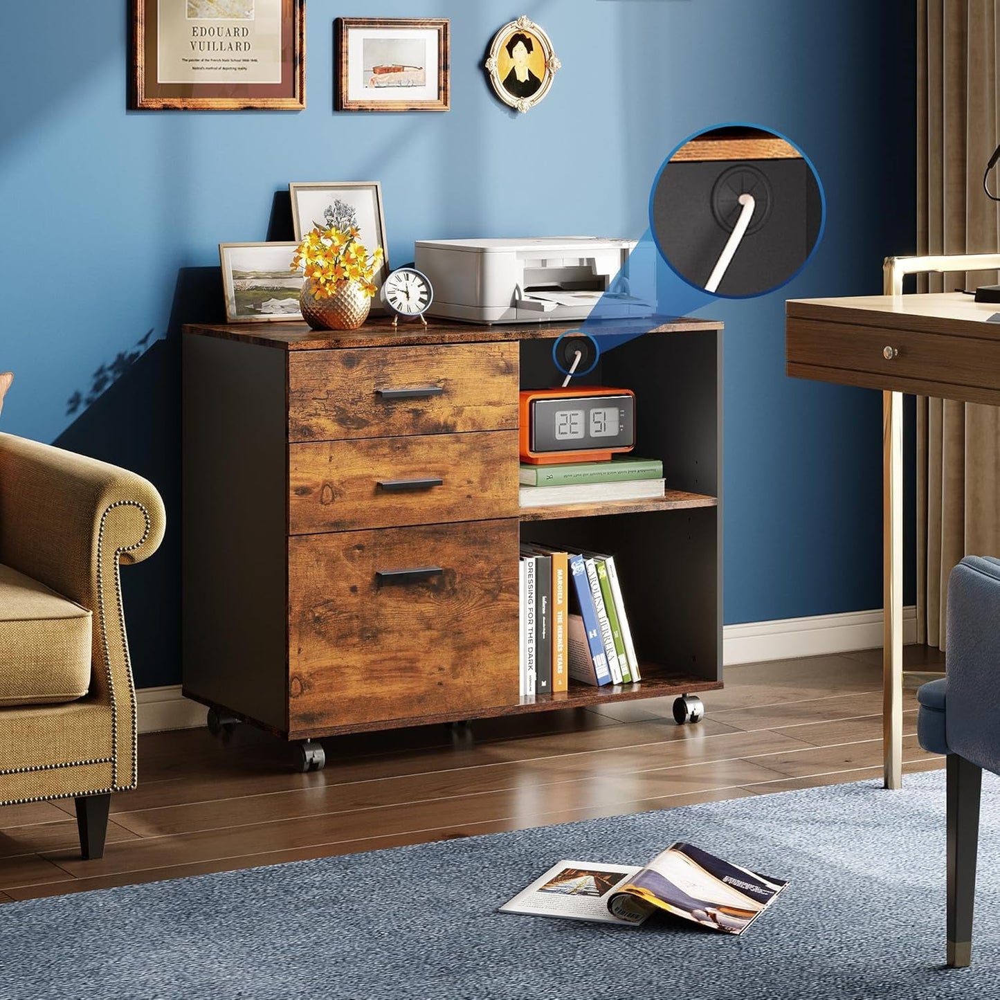 Rustic Brown 3 Drawer Mobile File Cabinet With Open Shelves Printer Stand For Home Office