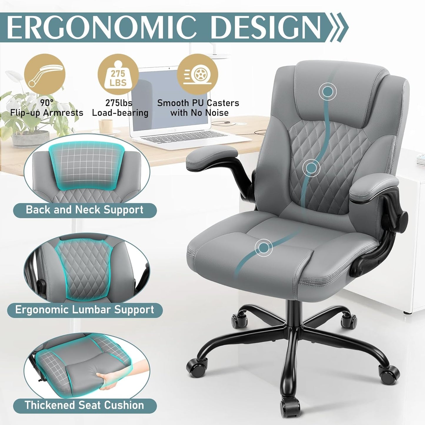 Gray PU Leather Office Chair With Ergonomic Back Support