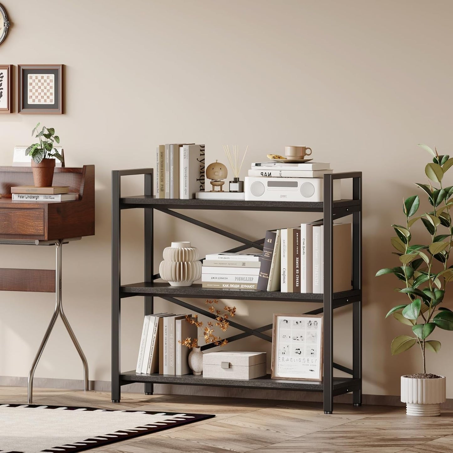 3 Tier Bookshelf 31 Inch Width Wood And Metal Etagere Black