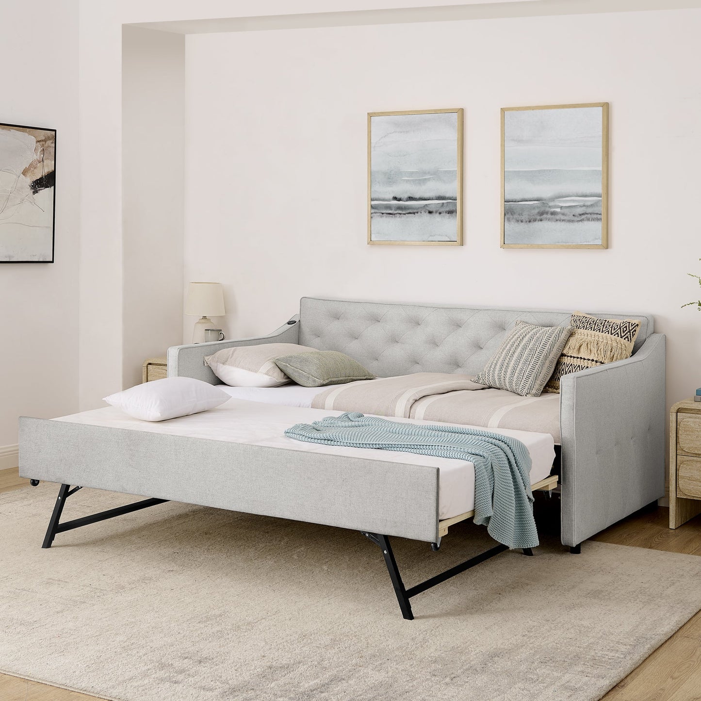 Twin Size Upholstery Daybed with Pop-up Trundle & USB Charging