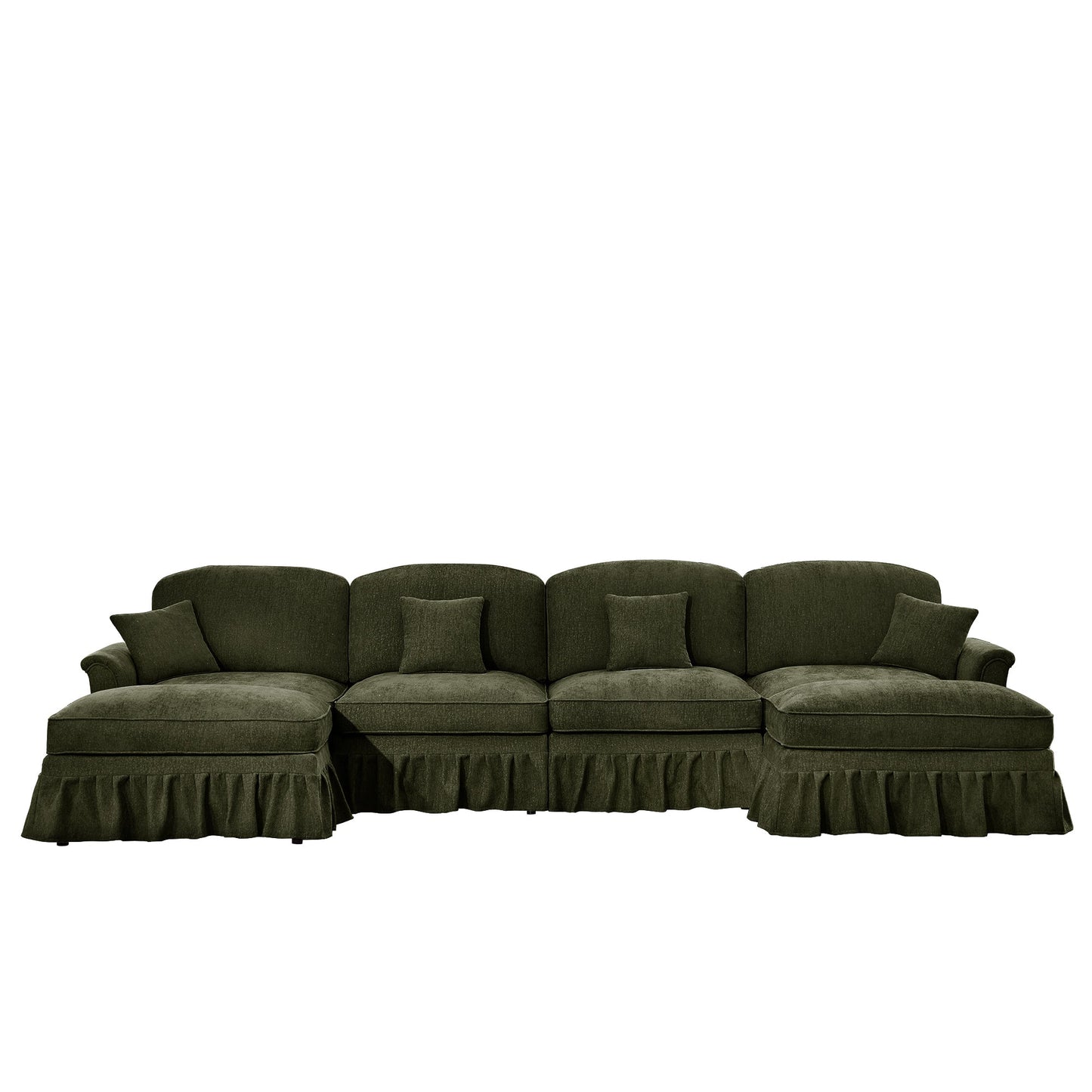 Classic U Shape 4 Seater Modular Sectional Sofa Couch with Flared Arms and Removable Ruffles Pleats Skirts and Spindle Legs, Chenille Deep Seat Cloud Sofa with Movable Ottomans, Green
