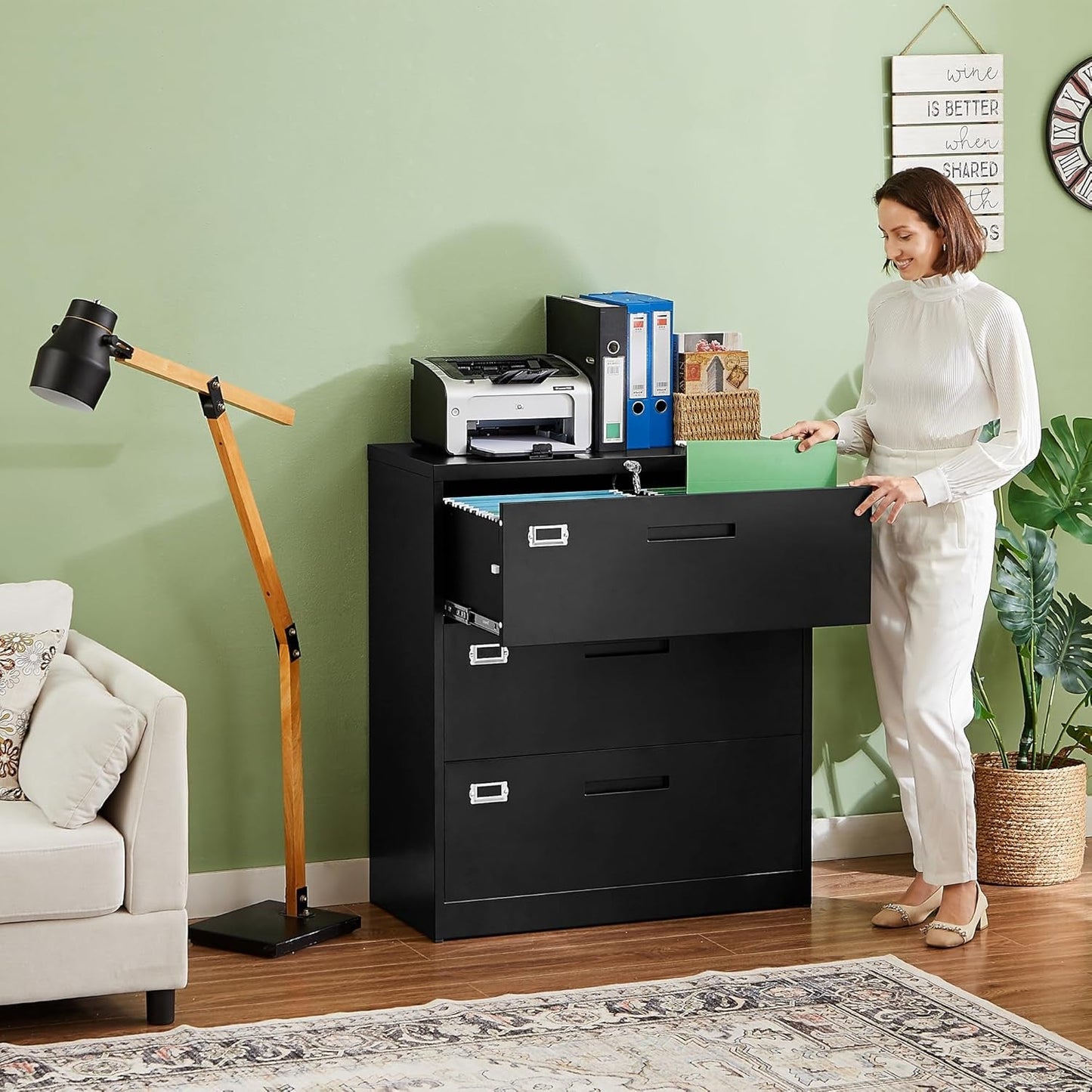 Lateral 3 Drawer File Cabinet With Lock Black Office