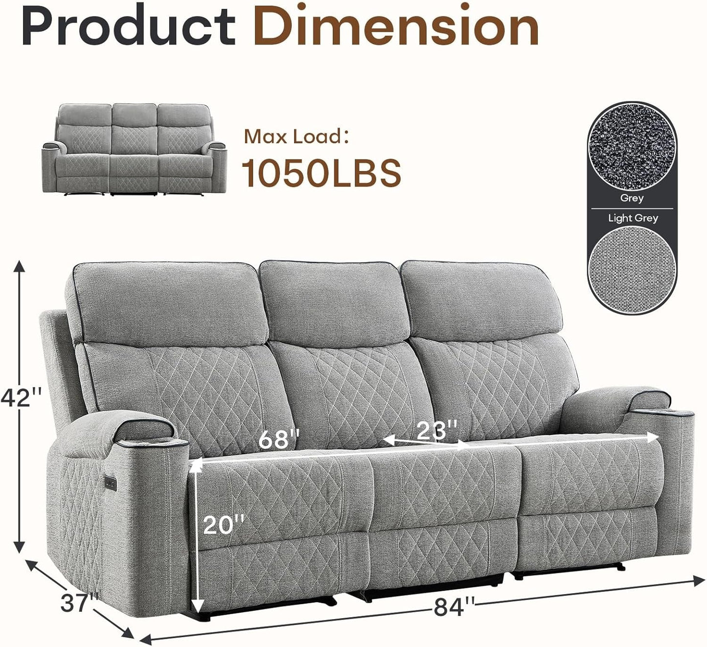 Electric Recliner Sofa USB Type C Ports Light Grey