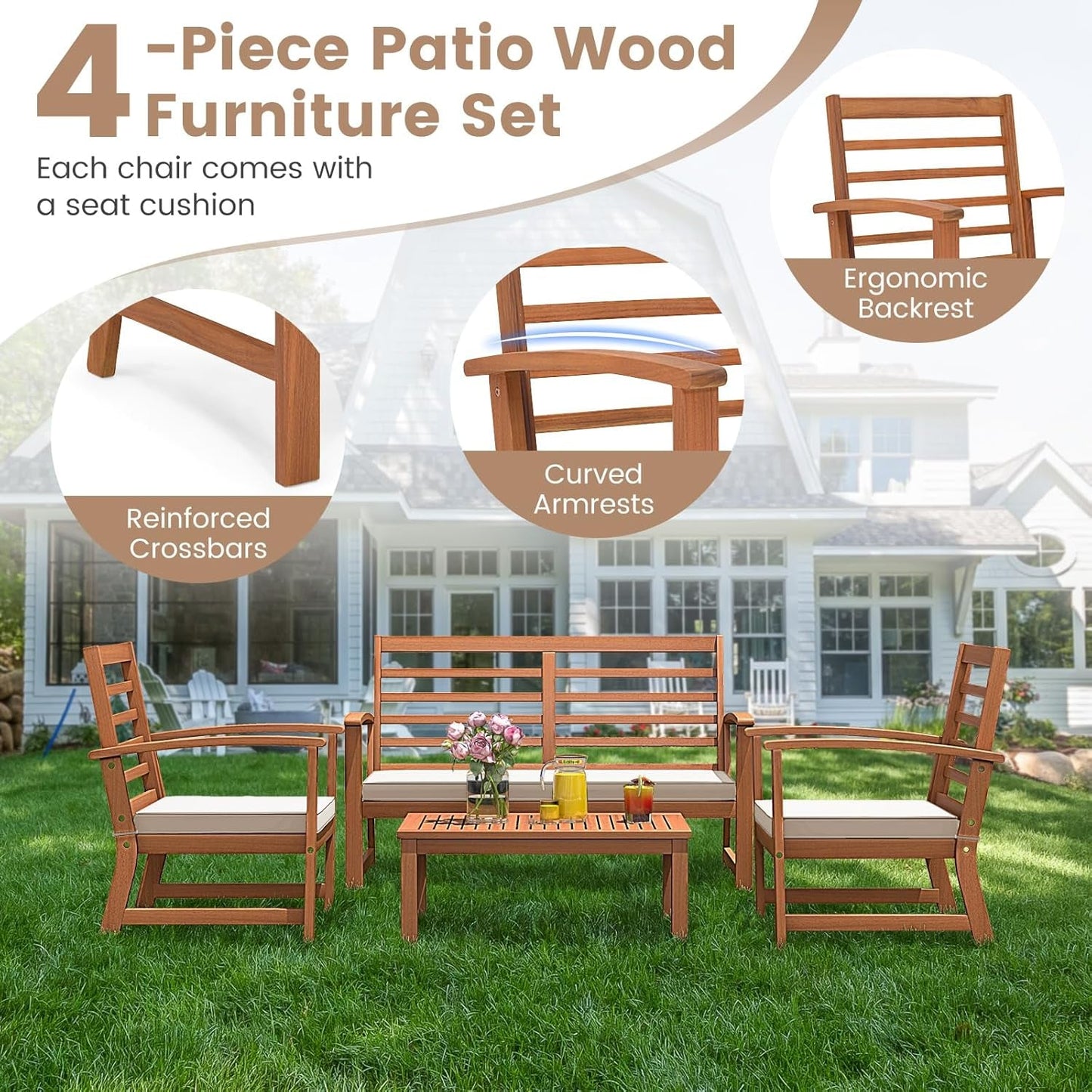 Acacia Wood Outdoor Conversation Set With Cushions White