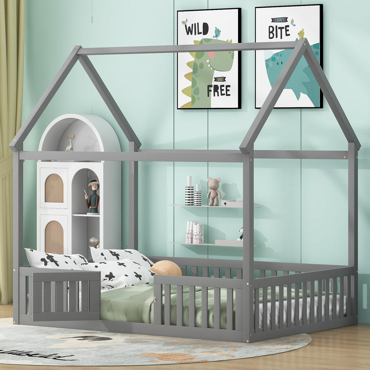 Full Size Wood House Bed with Fence and Door