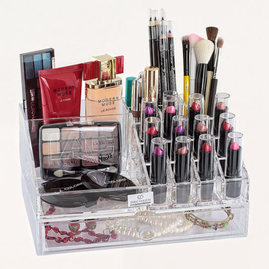 Clear Makeup Organizer - Acrylic Cosmetic Storage Box with 19 Slots & Drawer