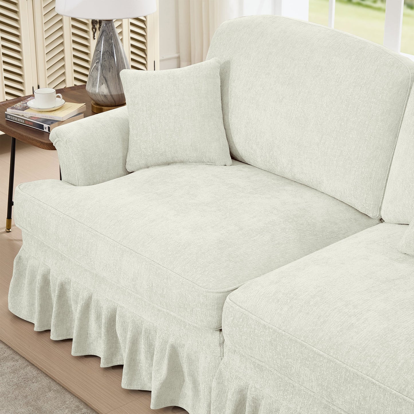 Classic Three Seater Modular L Shaped Sectional Couch with Flared Arms and Removable Ruffles Pleats Skirts and Spindle Legs, Comfy Chenille Four-Seat Deep Seat Sofa with Movable Ottoman, Beige White