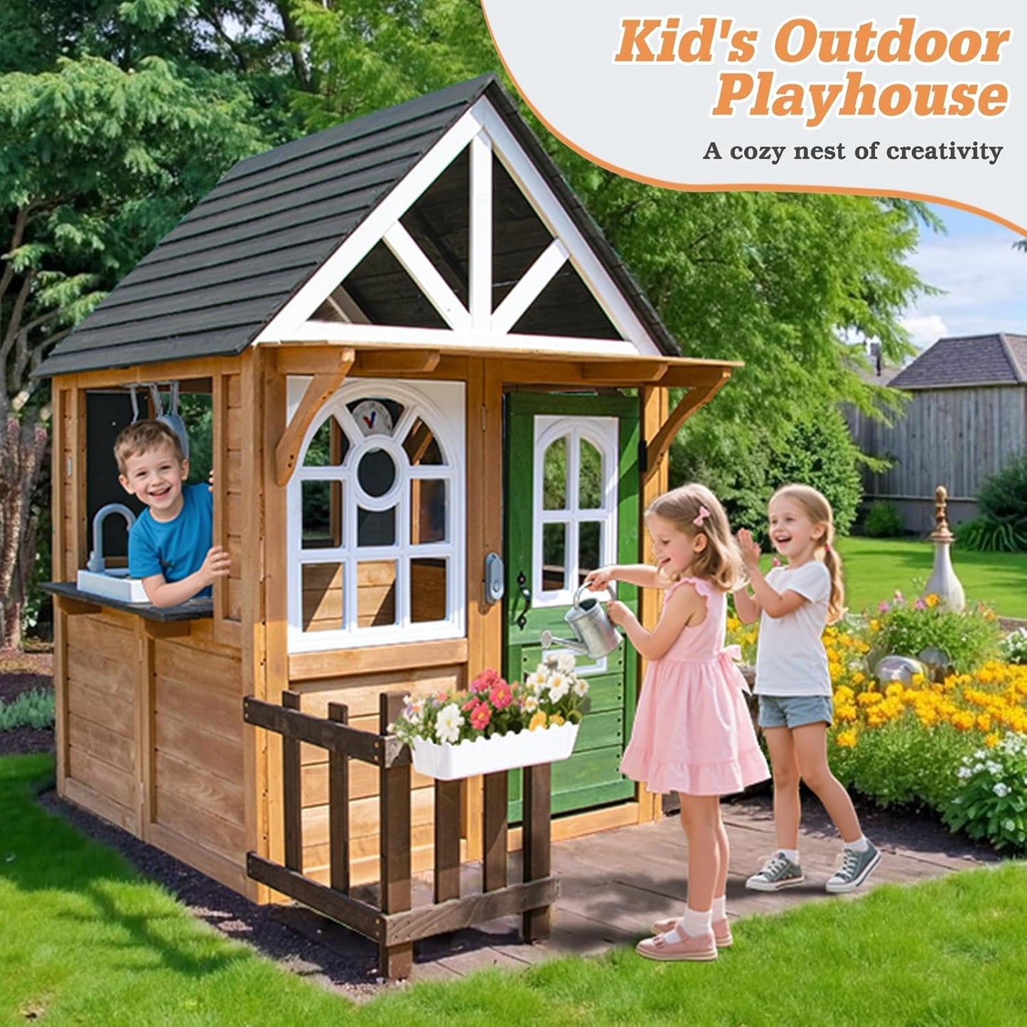 Cedar Gray Weather proof Kids Playhouse With Doorbell