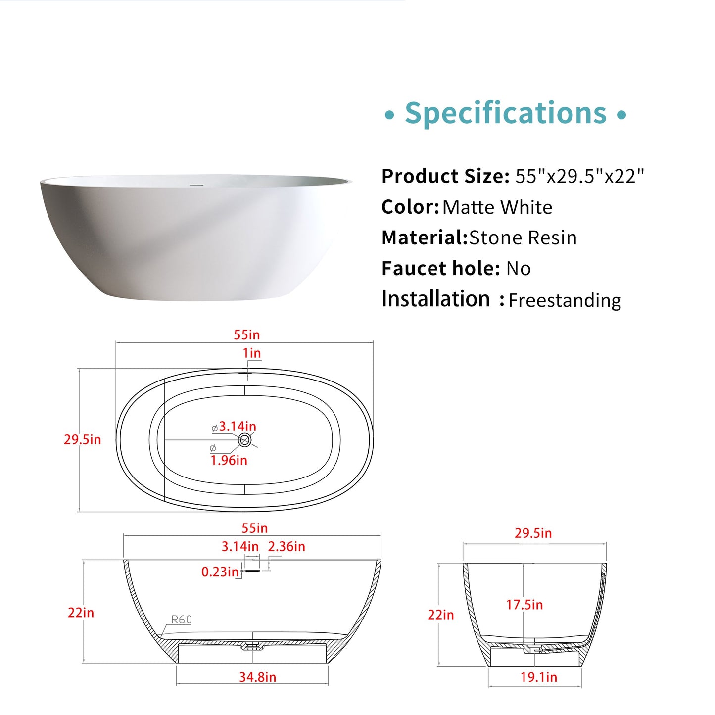 55″ Solid Surface Matte Tub