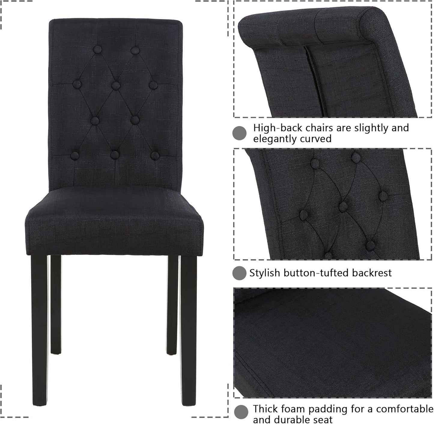 Two Upholstered Fabric Dining Chairs Button Tufting Black