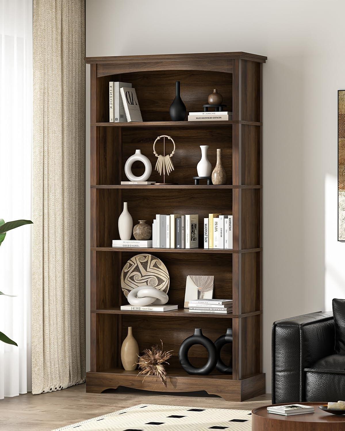 65-Inch Tall Brown Wooden Bookshelf With Five Tiers